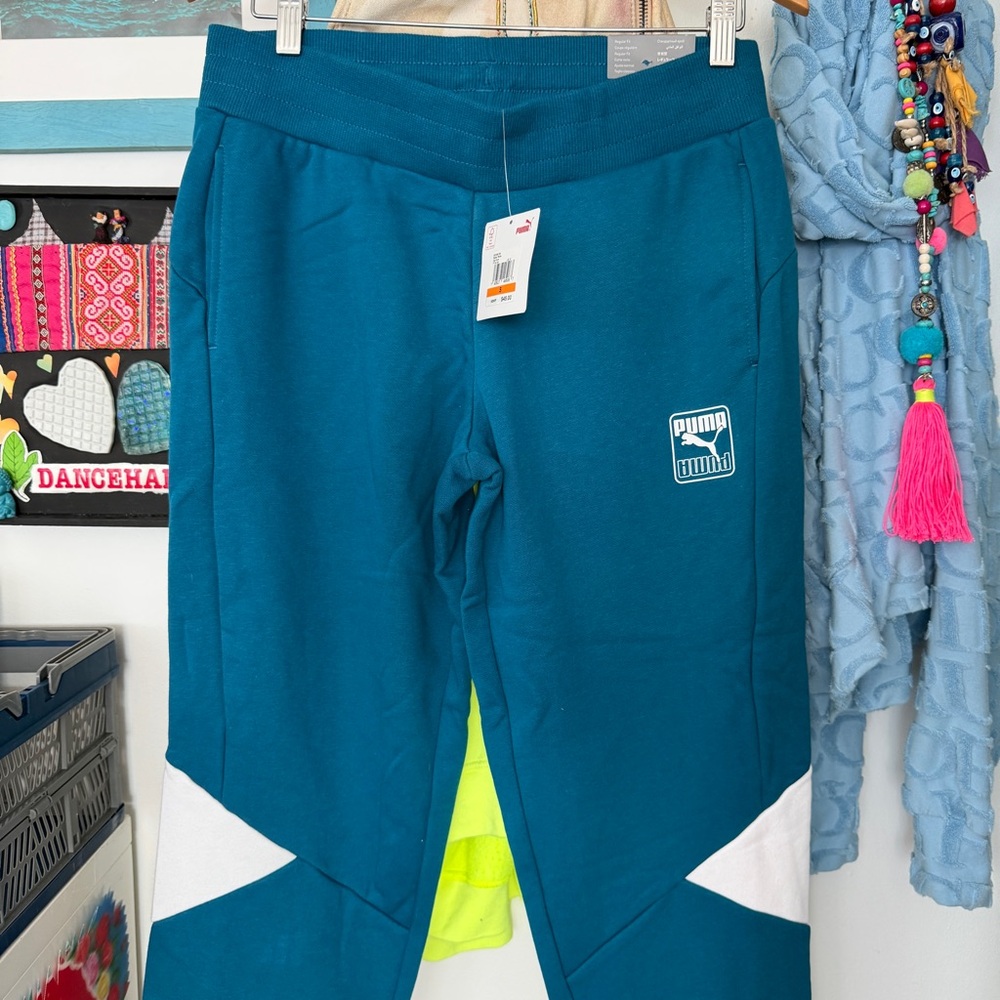 Puma teal joggers sweatpants with white logo Size S